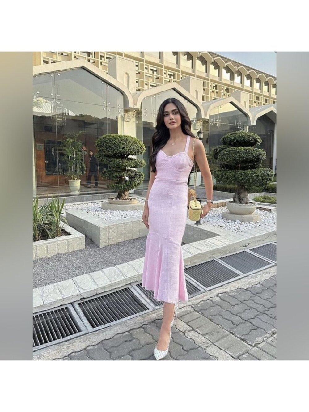 NEW ZARA large powder pink textured ruffle corset midi dress